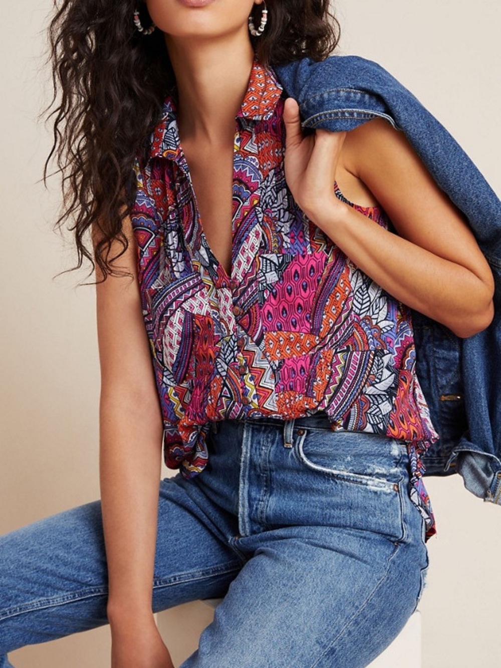 Maeve by Anthropologie Whimsical Pintucked Button Down Colorful Sleeveless Top
